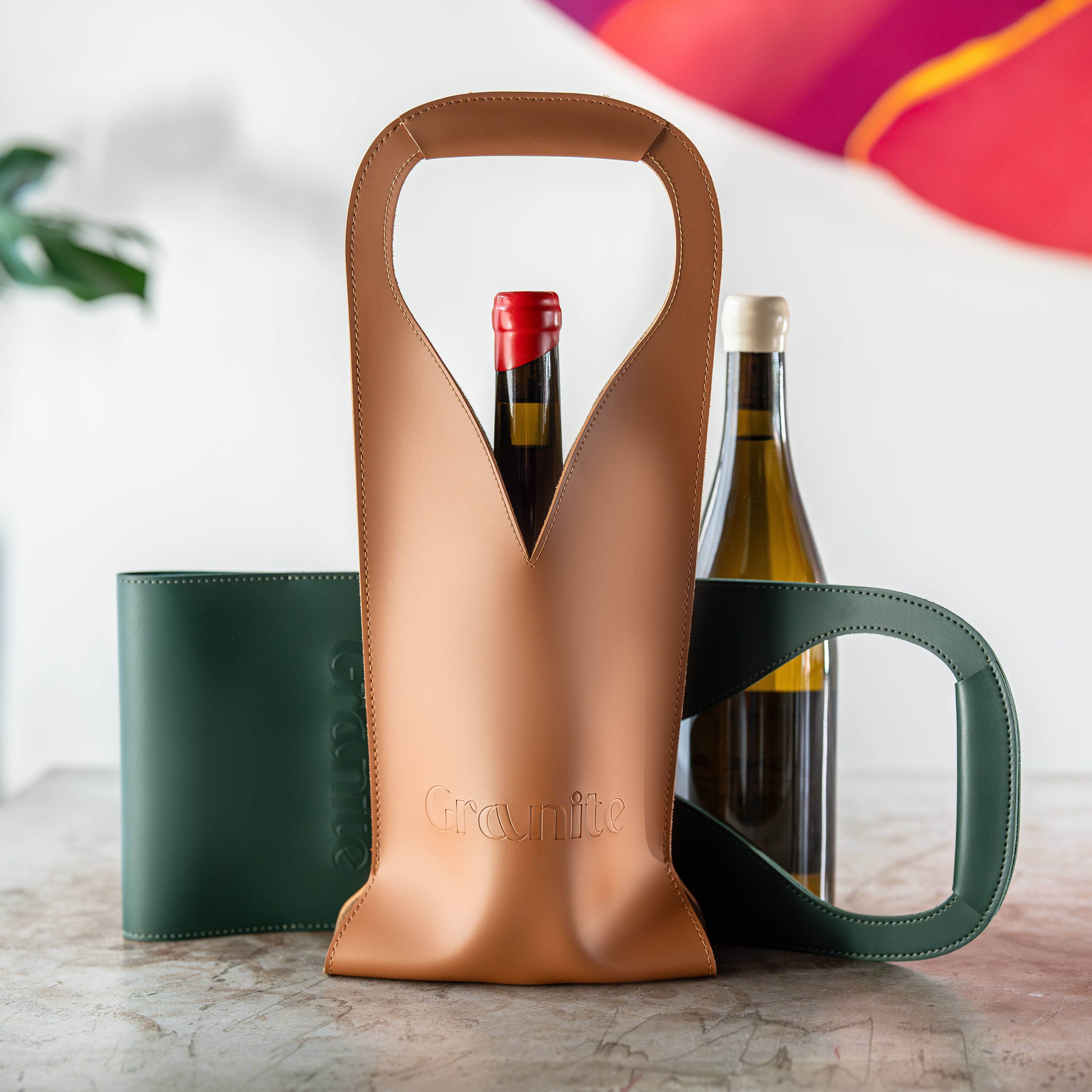 Leather Wine Bag - Cognac & Forest Green
